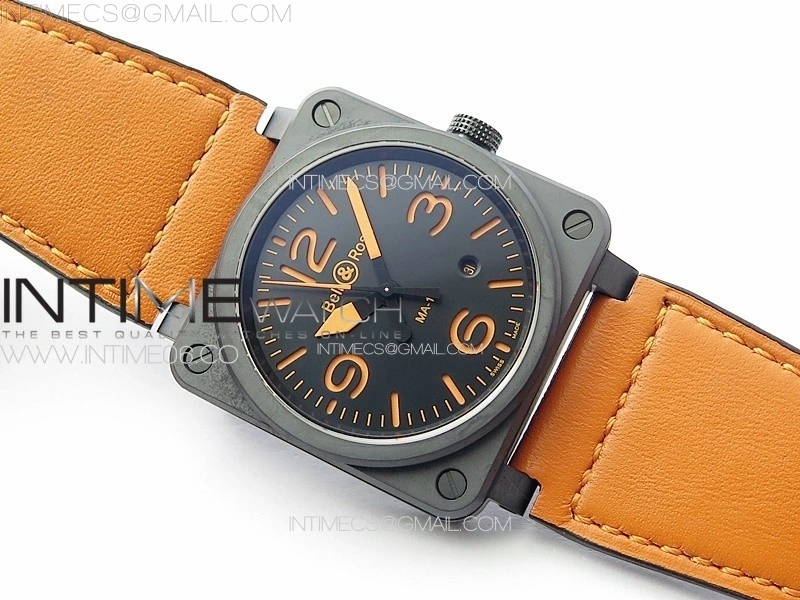 BR 03-92 Real Ceramic 1:1 Best Edition Black Dial RG Markers on Orange Leather Strap MIYOTA 9015