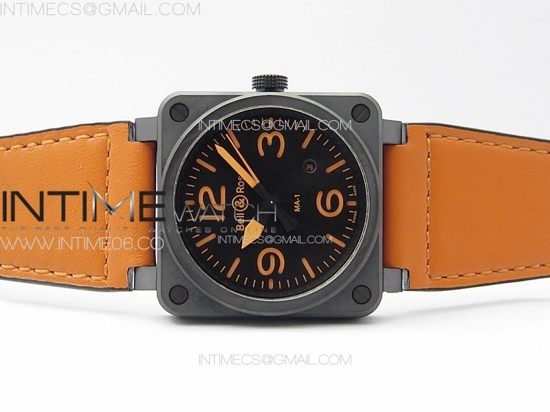BR 03-92 Real Ceramic 1:1 Best Edition Black Dial RG Markers on Orange Leather Strap MIYOTA 9015