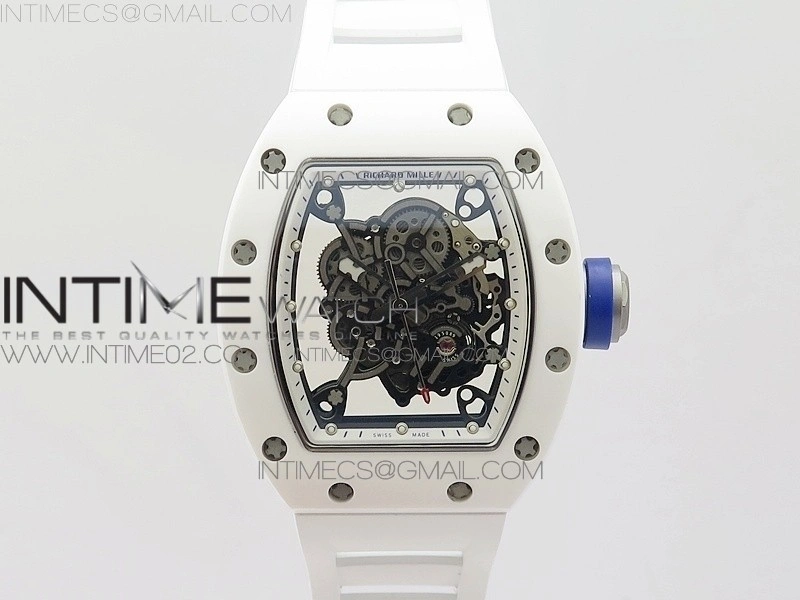 RM055 Real White Ceramic Case KVF Best Edition Skeleton Dial Blue on White Rubber Strap MIYOTA8215