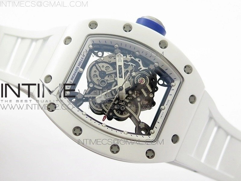 RM055 Real White Ceramic Case KVF Best Edition Skeleton Dial Blue on White Rubber Strap MIYOTA8215
