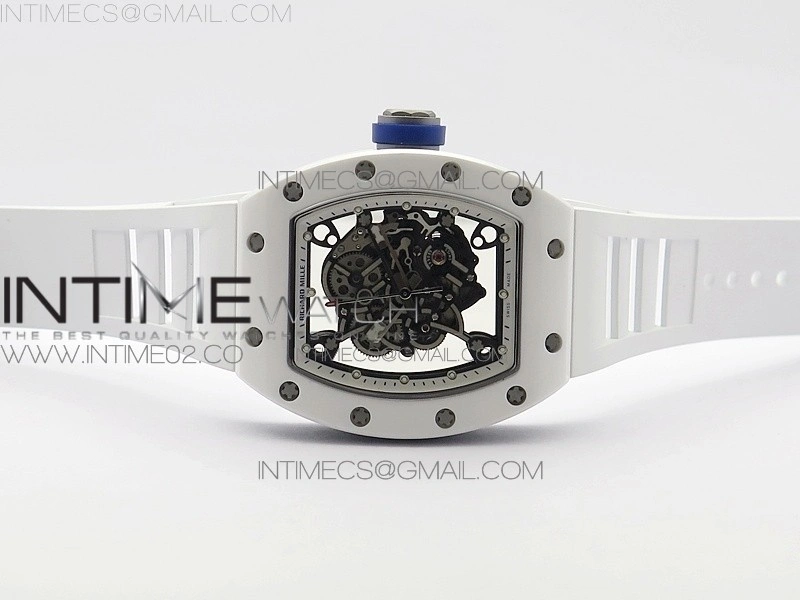 RM055 Real White Ceramic Case KVF Best Edition Skeleton Dial Blue on White Rubber Strap MIYOTA8215