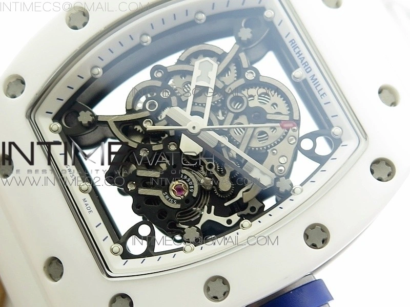 RM055 Real White Ceramic Case KVF Best Edition Skeleton Dial Blue on White Rubber Strap MIYOTA8215