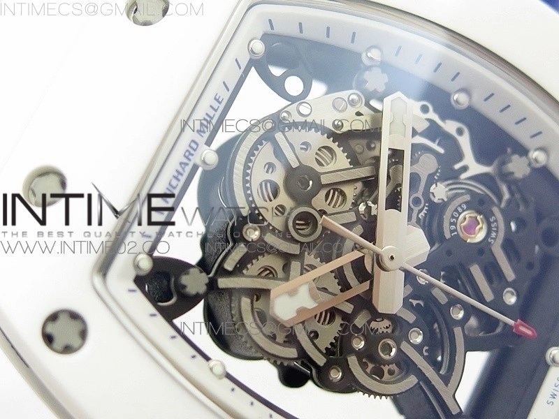 RM055 Real White Ceramic Case KVF Best Edition Skeleton Dial Blue on White Rubber Strap MIYOTA8215