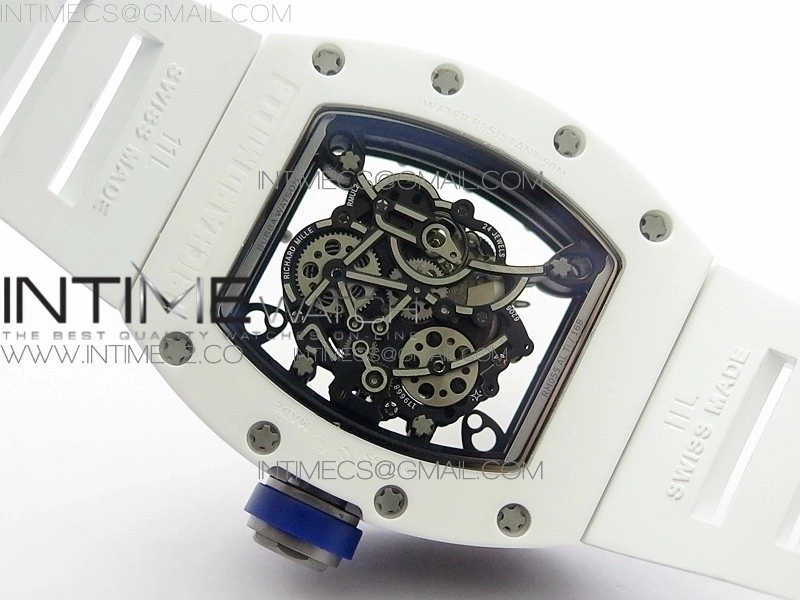 RM055 Real White Ceramic Case KVF Best Edition Skeleton Dial Blue on White Rubber Strap MIYOTA8215