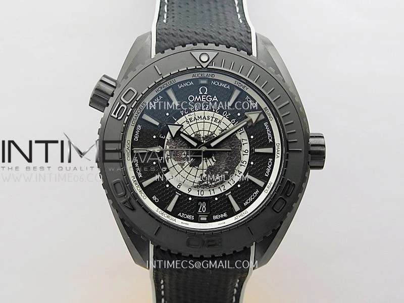 Planet Ocean 45.5mm GMT Worldtimer Real Ceramic VSF 1:1 Best Edition Black Gray Dial On Black Rubber Strap Super Clone 8938