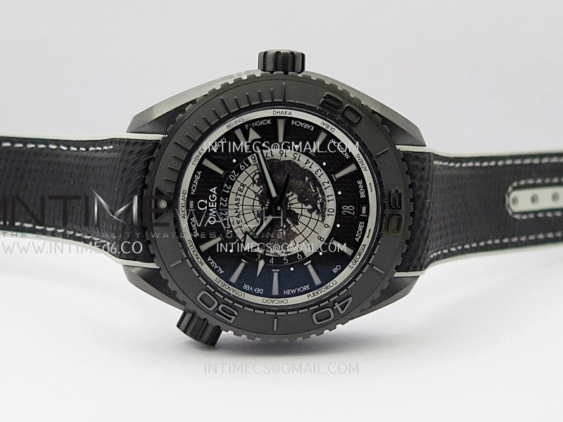 Planet Ocean 45.5mm GMT Worldtimer Real Ceramic VSF 1:1 Best Edition Black Gray Dial On Black Rubber Strap Super Clone 8938