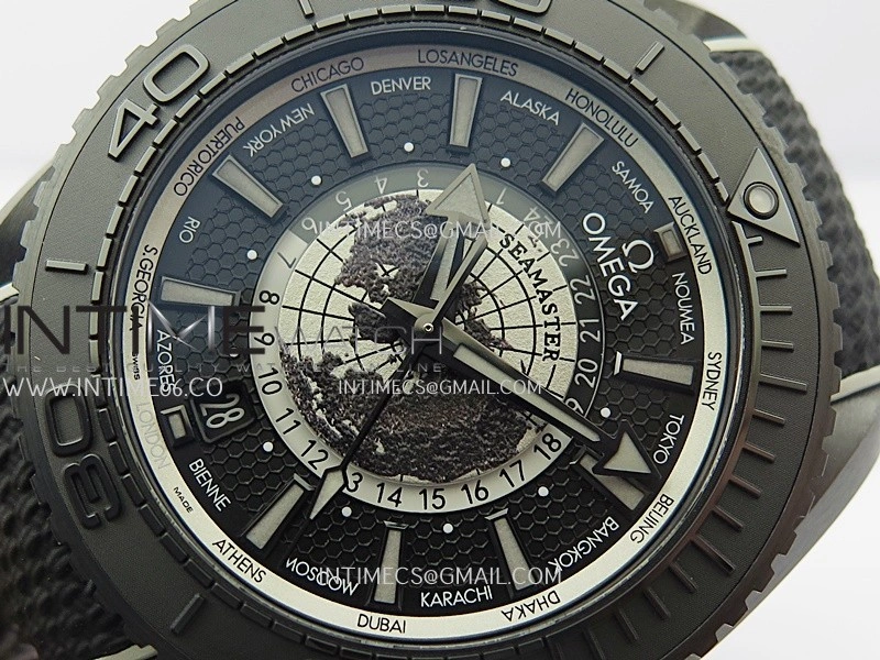 Planet Ocean 45.5mm GMT Worldtimer Real Ceramic VSF 1:1 Best Edition Black Gray Dial On Black Rubber Strap Super Clone 8938