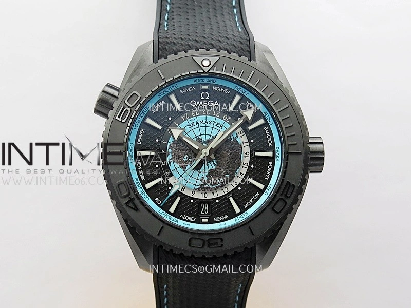 Planet Ocean 45.5mm GMT Worldtimer Real Ceramic VSF 1:1 Best Edition Black blue Dial On Black Rubber Strap Super Clone 8938