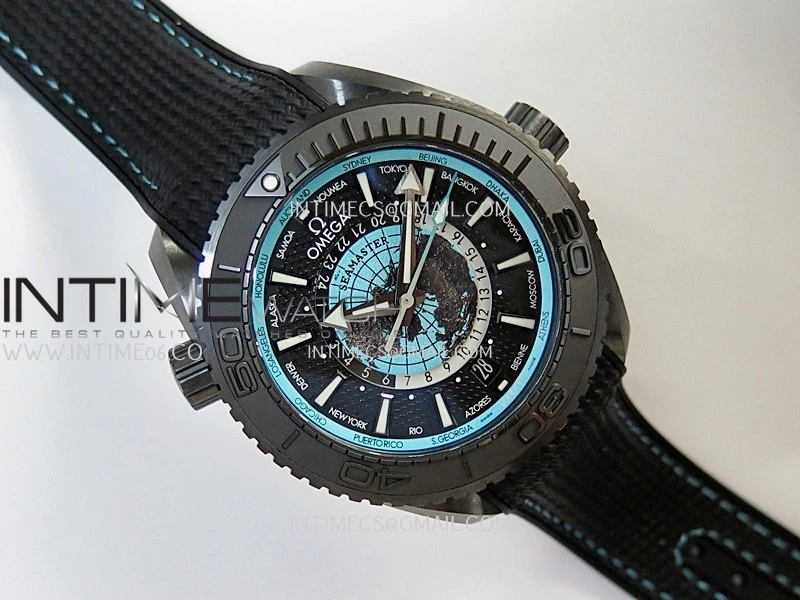 Planet Ocean 45.5mm GMT Worldtimer Real Ceramic VSF 1:1 Best Edition Black blue Dial On Black Rubber Strap Super Clone 8938