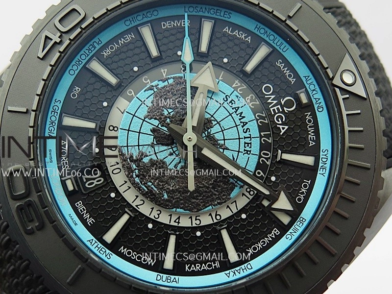 Planet Ocean 45.5mm GMT Worldtimer Real Ceramic VSF 1:1 Best Edition Black blue Dial On Black Rubber Strap Super Clone 8938