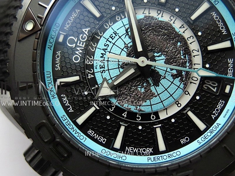 Planet Ocean 45.5mm GMT Worldtimer Real Ceramic VSF 1:1 Best Edition Black blue Dial On Black Rubber Strap Super Clone 8938