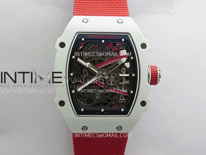 RM67-02 Real White Ceramic Red NTPT Case 1:1 Best Edition Skeleton Dial On Red Nylon strap CRMA7 Clone
