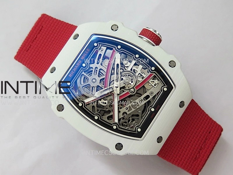 RM67-02 Real White Ceramic Red NTPT Case 1:1 Best Edition Skeleton Dial On Red Nylon strap CRMA7 Clone