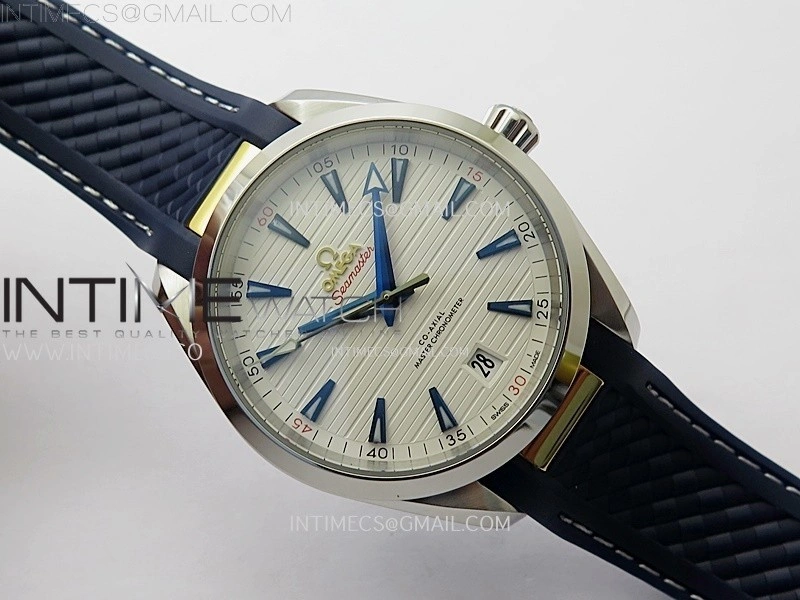 Aqua Terra 150M Master Chronometers N1F Best Edition White Textured Dial Blue Markers on Blue Rubber Strap A8900