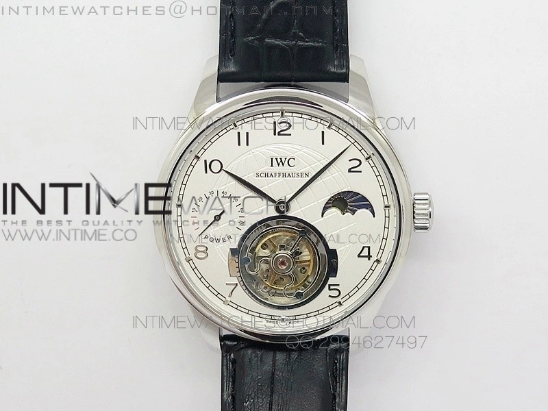 Portuguese Tourbillon SS AXF White Dial Sliver Numbers moonphase on Black Leather Strap