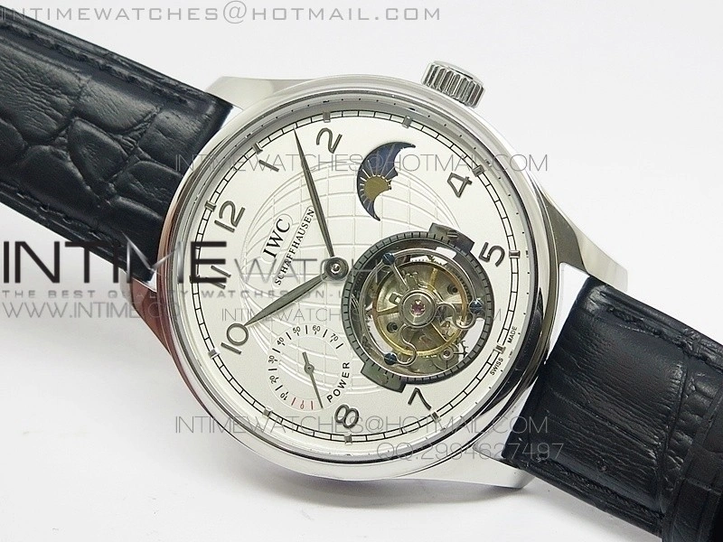 Portuguese Tourbillon SS AXF White Dial Sliver Numbers moonphase on Black Leather Strap