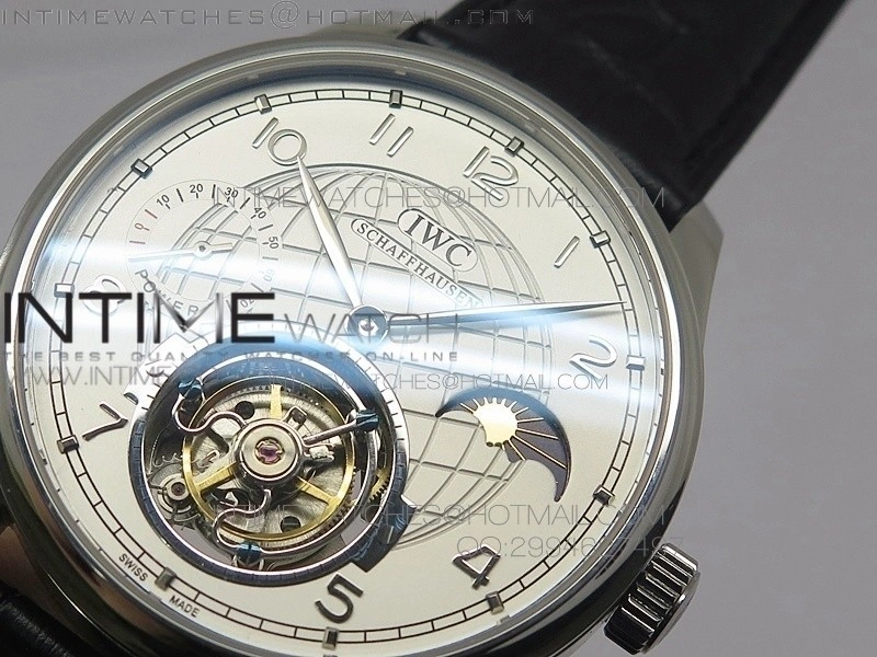 Portuguese Tourbillon SS AXF White Dial Sliver Numbers moonphase on Black Leather Strap
