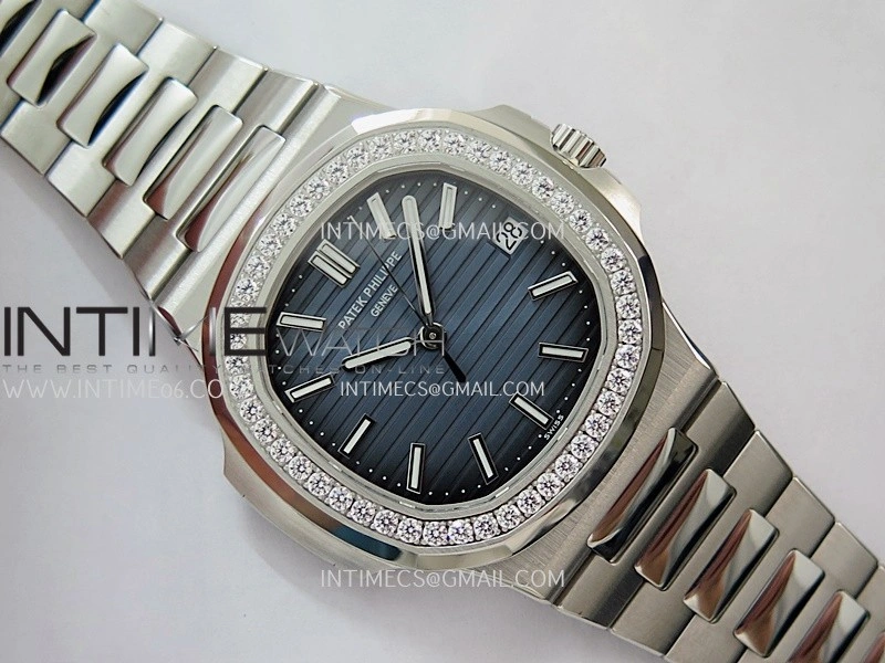 Nautilus 5711 1A 3KF 1:1 Best Edition Diamonds Bezel Blue Textured Dial on SS Bracelet A324 Super Clone V2