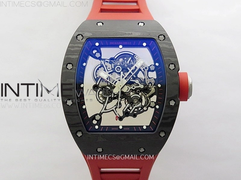 RM055 Black Carbon Bezel Black Crown NTPT Ti ZF 1:1 Best Edition on Red Rubber Strap RMUL2 Super Clone