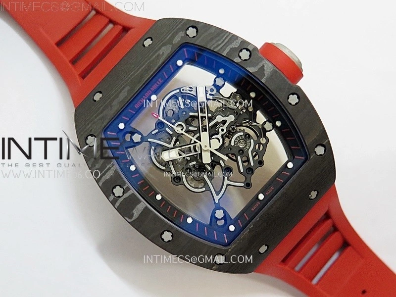 RM055 Black Carbon Bezel Black Crown NTPT Ti ZF 1:1 Best Edition on Red Rubber Strap RMUL2 Super Clone