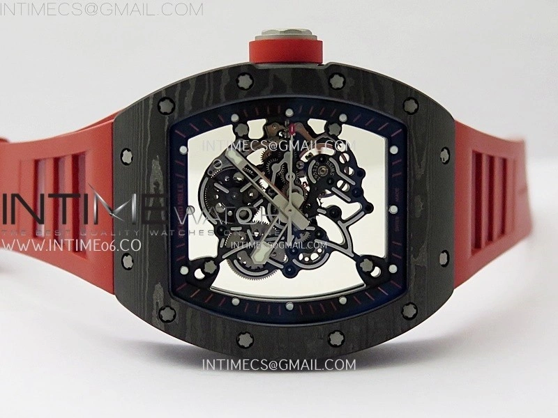 RM055 Black Carbon Bezel Black Crown NTPT Ti ZF 1:1 Best Edition on Red Rubber Strap RMUL2 Super Clone