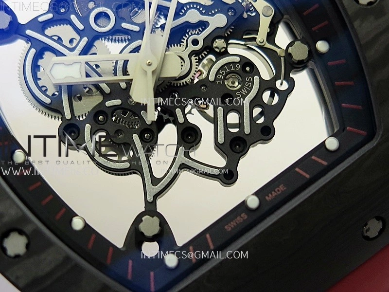 RM055 Black Carbon Bezel Black Crown NTPT Ti ZF 1:1 Best Edition on Red Rubber Strap RMUL2 Super Clone