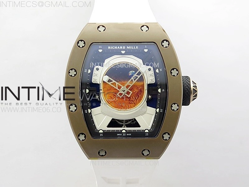 RM052-05 Brown Ceramic Bezel Carbon Case YSF Best Edition Skeleton Dial on White Rubber Strap Tourbillon