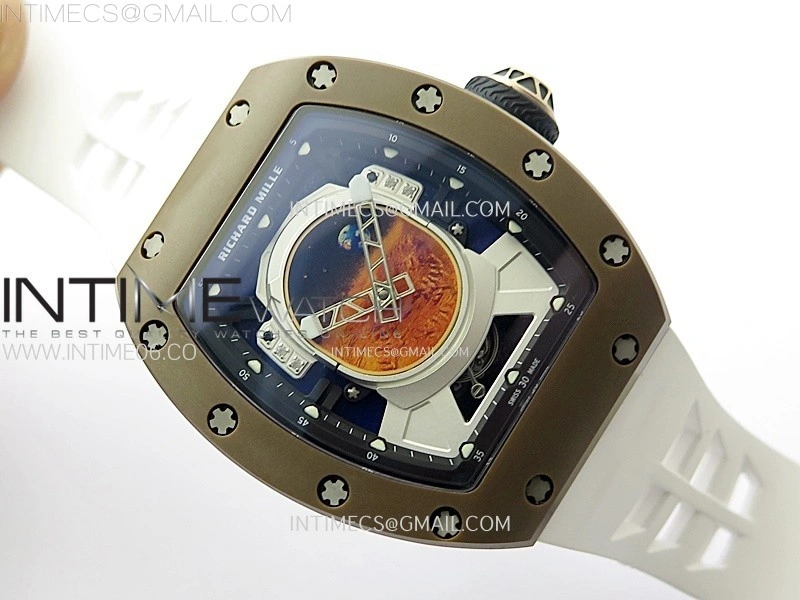 RM052-05 Brown Ceramic Bezel Carbon Case YSF Best Edition Skeleton Dial on White Rubber Strap Tourbillon