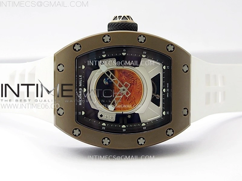 RM052-05 Brown Ceramic Bezel Carbon Case YSF Best Edition Skeleton Dial on White Rubber Strap Tourbillon