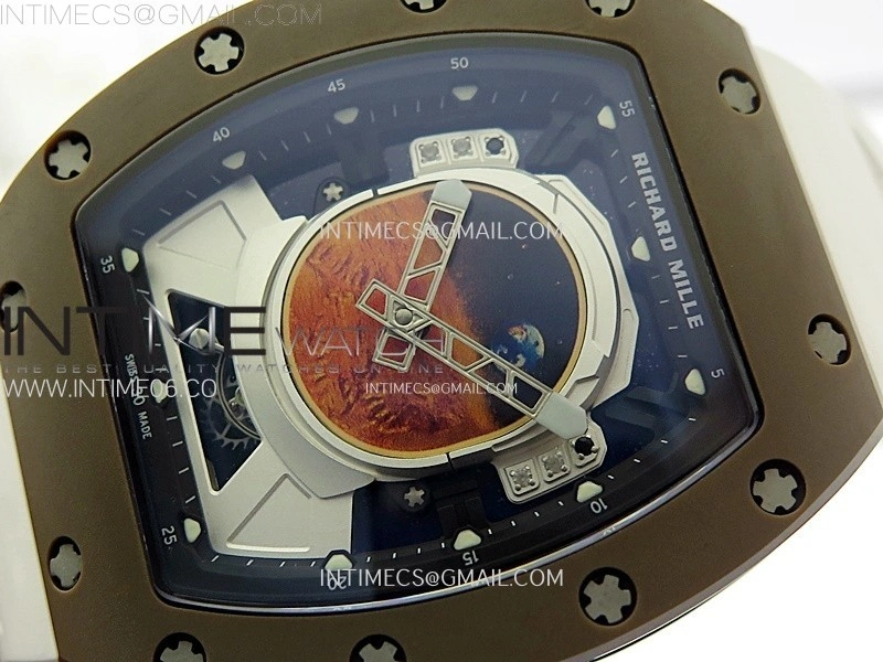 RM052-05 Brown Ceramic Bezel Carbon Case YSF Best Edition Skeleton Dial on White Rubber Strap Tourbillon