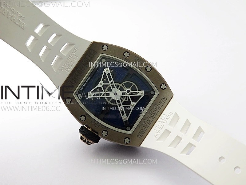 RM052-05 Brown Ceramic Bezel Carbon Case YSF Best Edition Skeleton Dial on White Rubber Strap Tourbillon