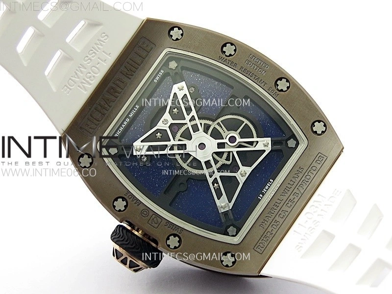RM052-05 Brown Ceramic Bezel Carbon Case YSF Best Edition Skeleton Dial on White Rubber Strap Tourbillon