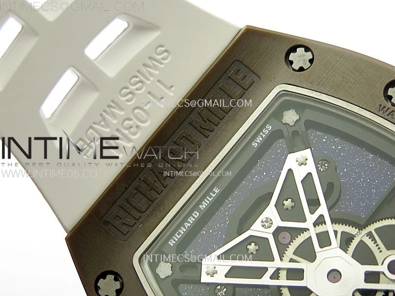 RM052-05 Brown Ceramic Bezel Carbon Case YSF Best Edition Skeleton Dial on White Rubber Strap Tourbillon