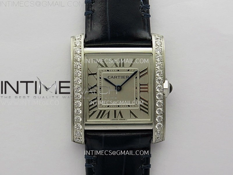 Tank Francaise Ladies 27mm Diamond Bezel SS 8848F 1:1 Best Edition Silver Dial on Black Leather Strap Ronda Quartz V2