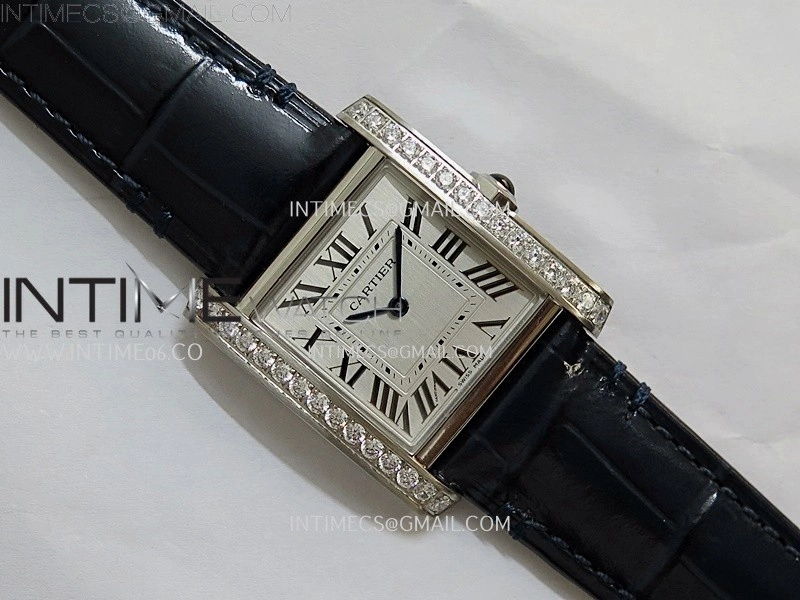 Tank Francaise Ladies 27mm Diamond Bezel SS 8848F 1:1 Best Edition Silver Dial on Black Leather Strap Ronda Quartz V2