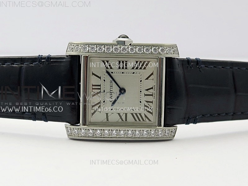 Tank Francaise Ladies 27mm Diamond Bezel SS 8848F 1:1 Best Edition Silver Dial on Black Leather Strap Ronda Quartz V2