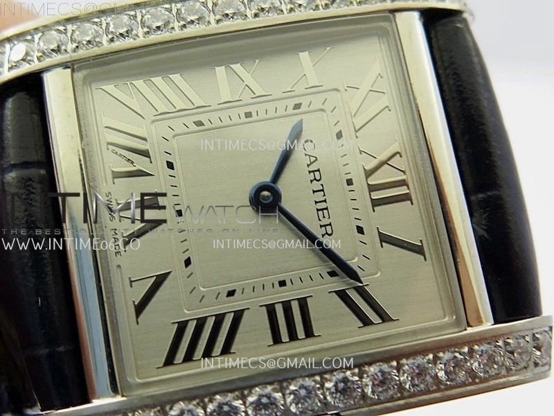 Tank Francaise Ladies 27mm Diamond Bezel SS 8848F 1:1 Best Edition Silver Dial on Black Leather Strap Ronda Quartz V2