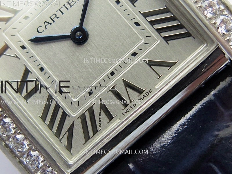 Tank Francaise Ladies 27mm Diamond Bezel SS 8848F 1:1 Best Edition Silver Dial on Black Leather Strap Ronda Quartz V2