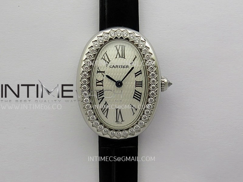 Baignoire Watch Diamond Bezel SS AF 1:1 Best Edition White textured Dial On Black Croco Strap RONDA Quartz