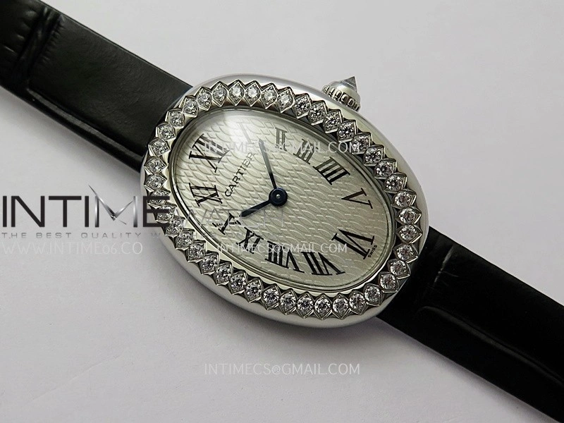 Baignoire Watch Diamond Bezel SS AF 1:1 Best Edition White textured Dial On Black Croco Strap RONDA Quartz