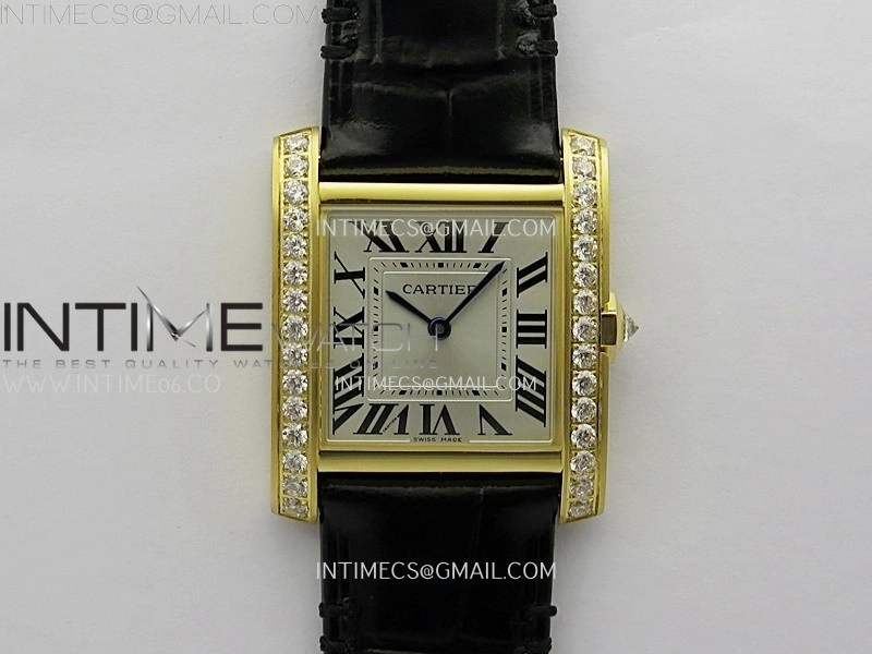 Tank Francaise Ladies 27mm Diamond Bezel YG 8848F 1:1 Best Edition Silver Dial on Black Leather Strap Ronda Quartz V2
