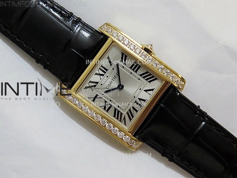 Tank Francaise Ladies 27mm Diamond Bezel YG 8848F 1:1 Best Edition Silver Dial on Black Leather Strap Ronda Quartz V2