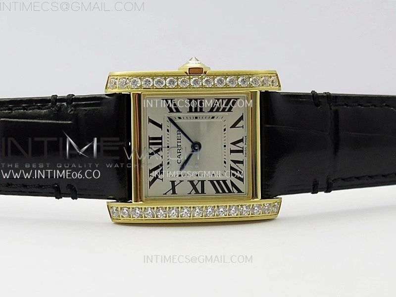 Tank Francaise Ladies 27mm Diamond Bezel YG 8848F 1:1 Best Edition Silver Dial on Black Leather Strap Ronda Quartz V2