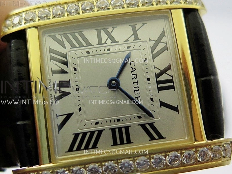 Tank Francaise Ladies 27mm Diamond Bezel YG 8848F 1:1 Best Edition Silver Dial on Black Leather Strap Ronda Quartz V2