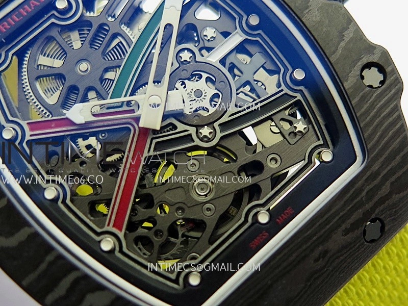 RM67-02 UAE Black NTPT Black Crown Umi Office 1:1 Beat Edition Black Red Green Skeleton Dial On Yellow Strap CRMA7 Clone V2