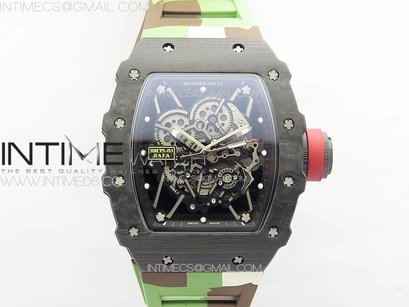 RM035-01 Forged Carbon Case KUF Best Edition Red Crown on Camouflage Rubber Strap MIYOTA8215