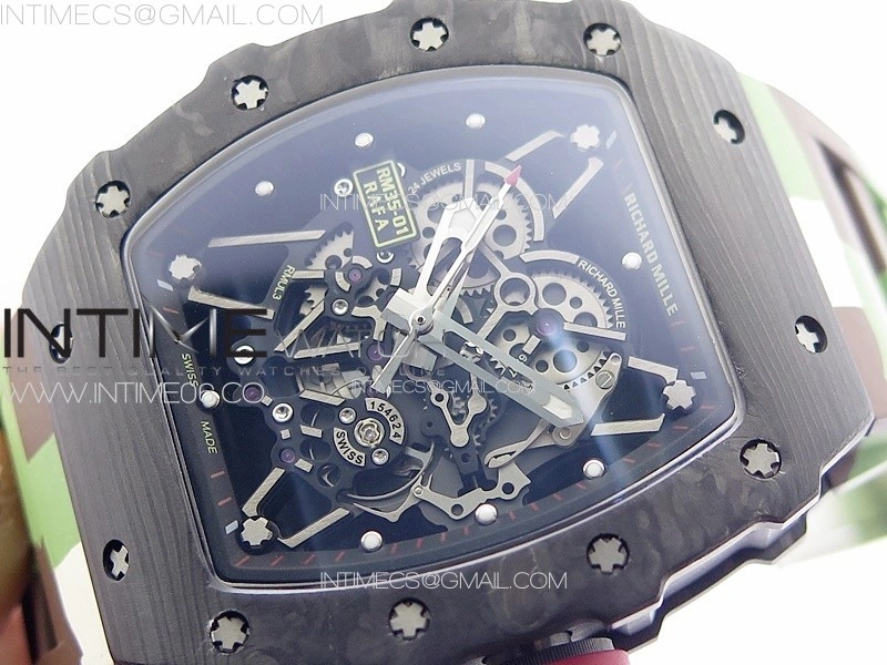 RM035-01 Forged Carbon Case KUF Best Edition Red Crown on Camouflage Rubber Strap MIYOTA8215