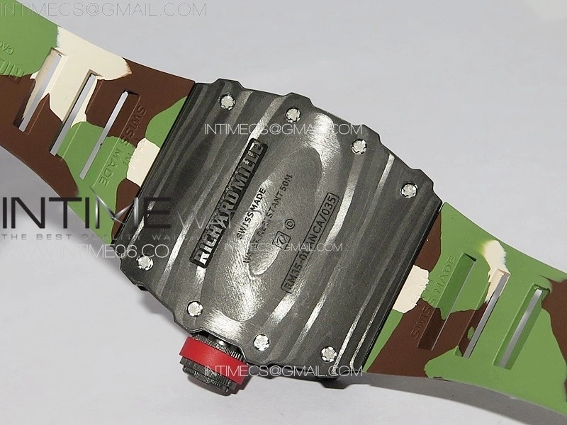RM035-01 Forged Carbon Case KUF Best Edition Red Crown on Camouflage Rubber Strap MIYOTA8215