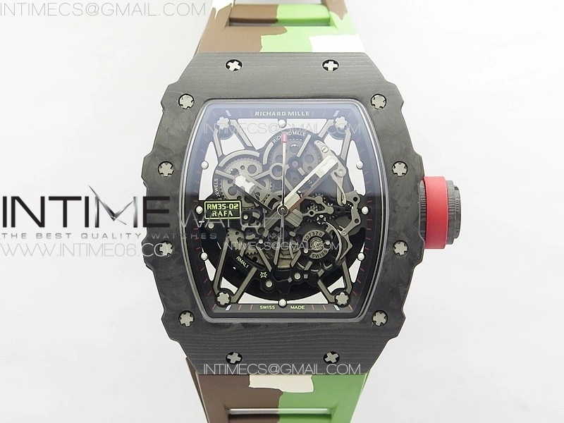 RM035-02 Forged Carbon Case KUF Best Edition Red Crown on Camouflage Rubber Strap MIYOTA8215