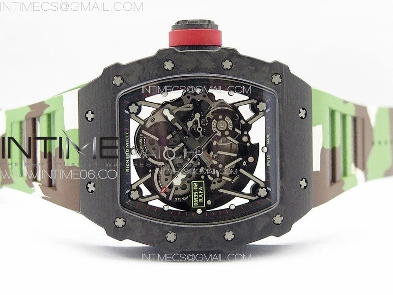 RM035-02 Forged Carbon Case KUF Best Edition Red Crown on Camouflage Rubber Strap MIYOTA8215